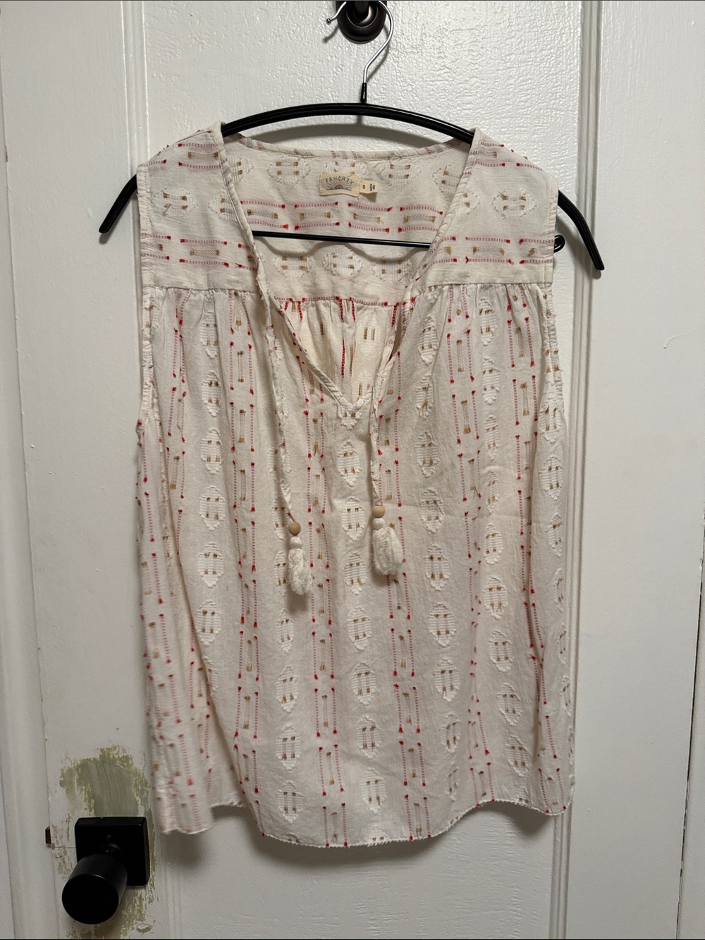 Faherty Cream Sleeveless Embroidered Tank with Red Accent Tassels
